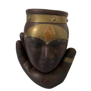 Ceramic Mid Century Head In Hand 2 Piece Figural Vase Urn Holder Metal Accents